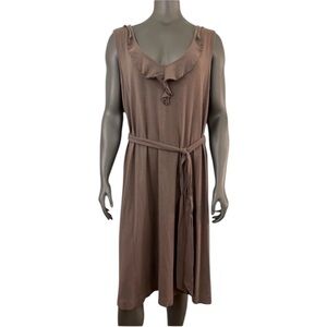 Lands' End Dress Woman’s 3X Tan V Neck Ruffled Knee Tie Belt Sleeveless Cotton